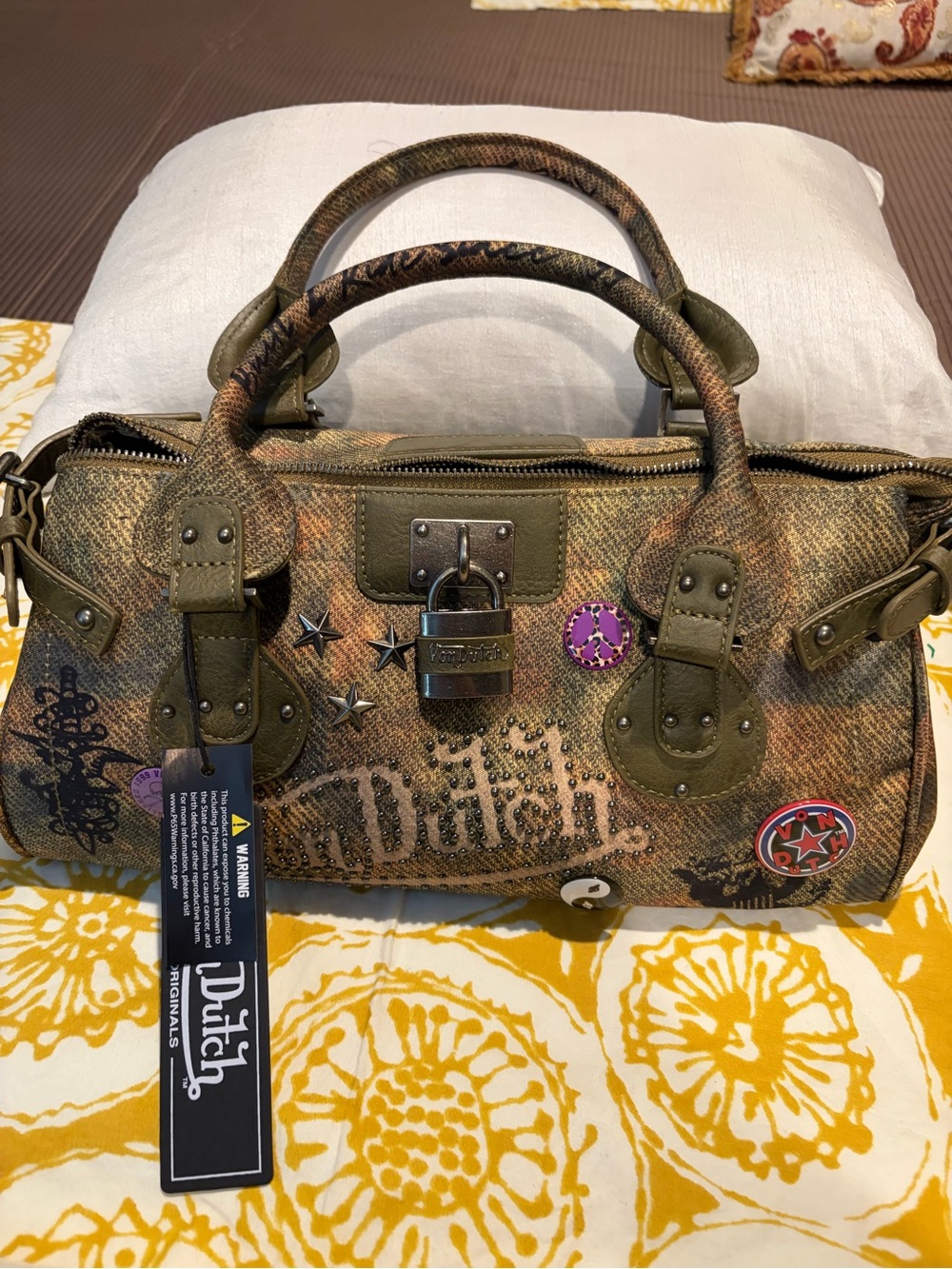Von Dutch Olive Multitone Studded Satchel with Accent Pins